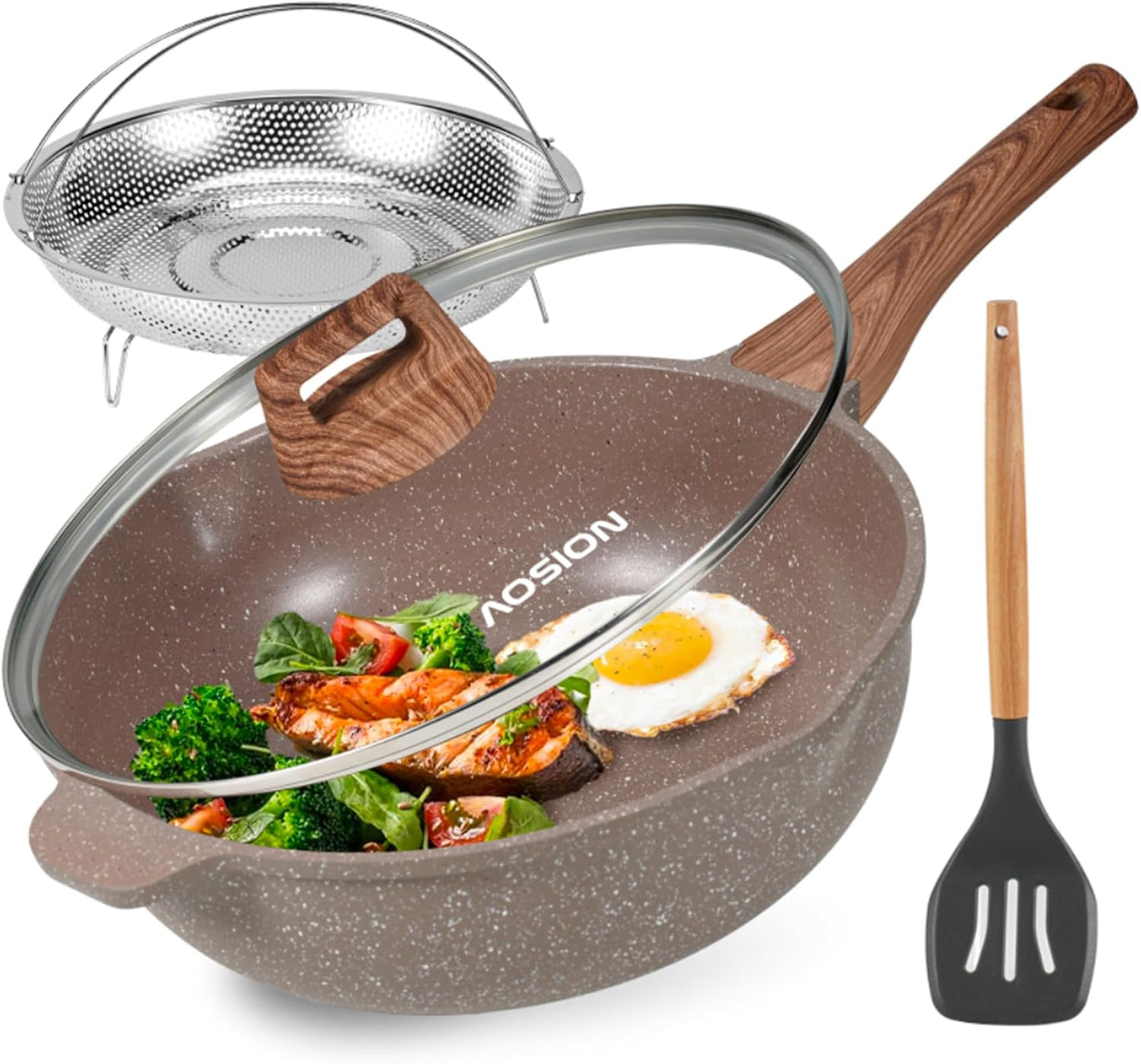 AOSION 11 Inch Nonstick Ceramic Deep Frying Pan Skille with Lid,5QT Sauté Pan for Cooking with Steam Rack,Healthy Large Skillet,Stay Cool Handle, Induction Compatible, PFOA & PFAS Free
