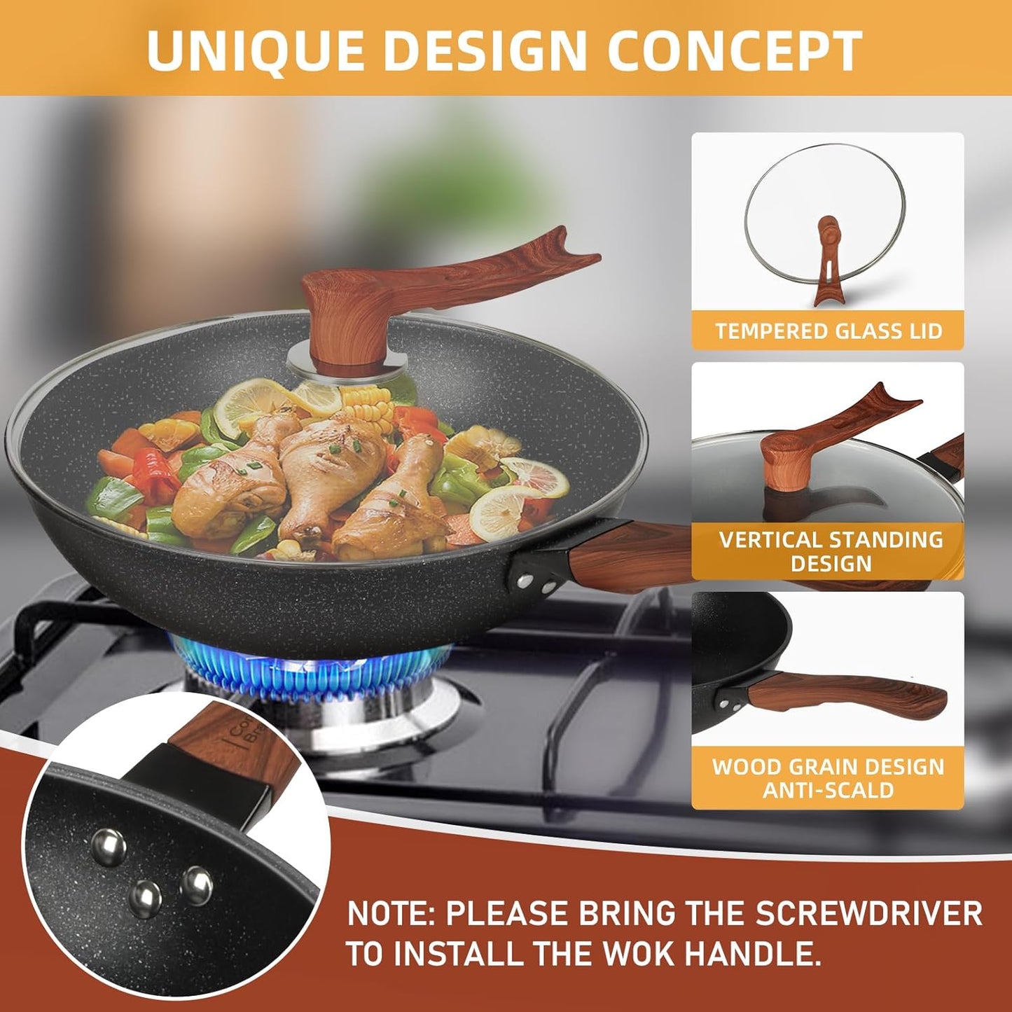 AOSION 13'' Nonstick Wok,Woks & Stir-Fry Pans Non Stick Wok