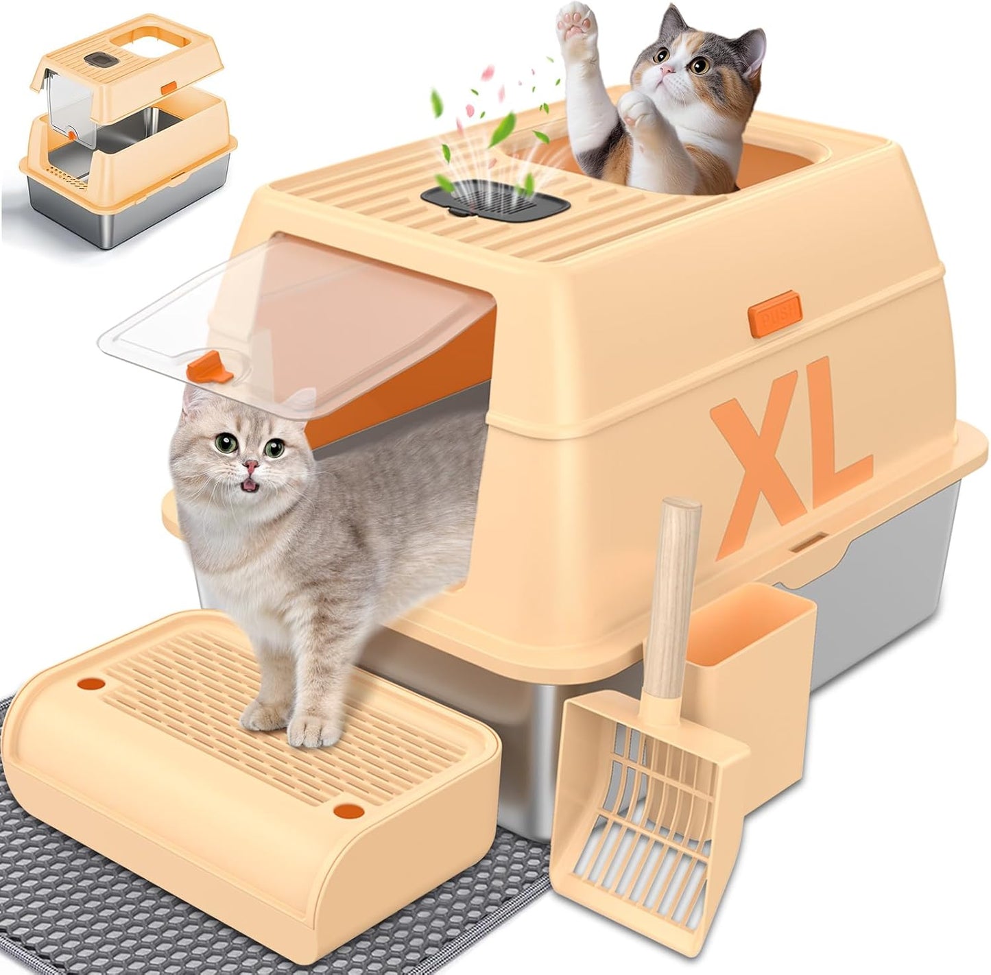 Stainless Steel Litter Box with Lid, Cat Litter Box Enclosure XL Odor-Proof with Litter Mat, Covered Litter Box Rust-Resistant Durable for Big Cat, Easy Clean 37L Capacity