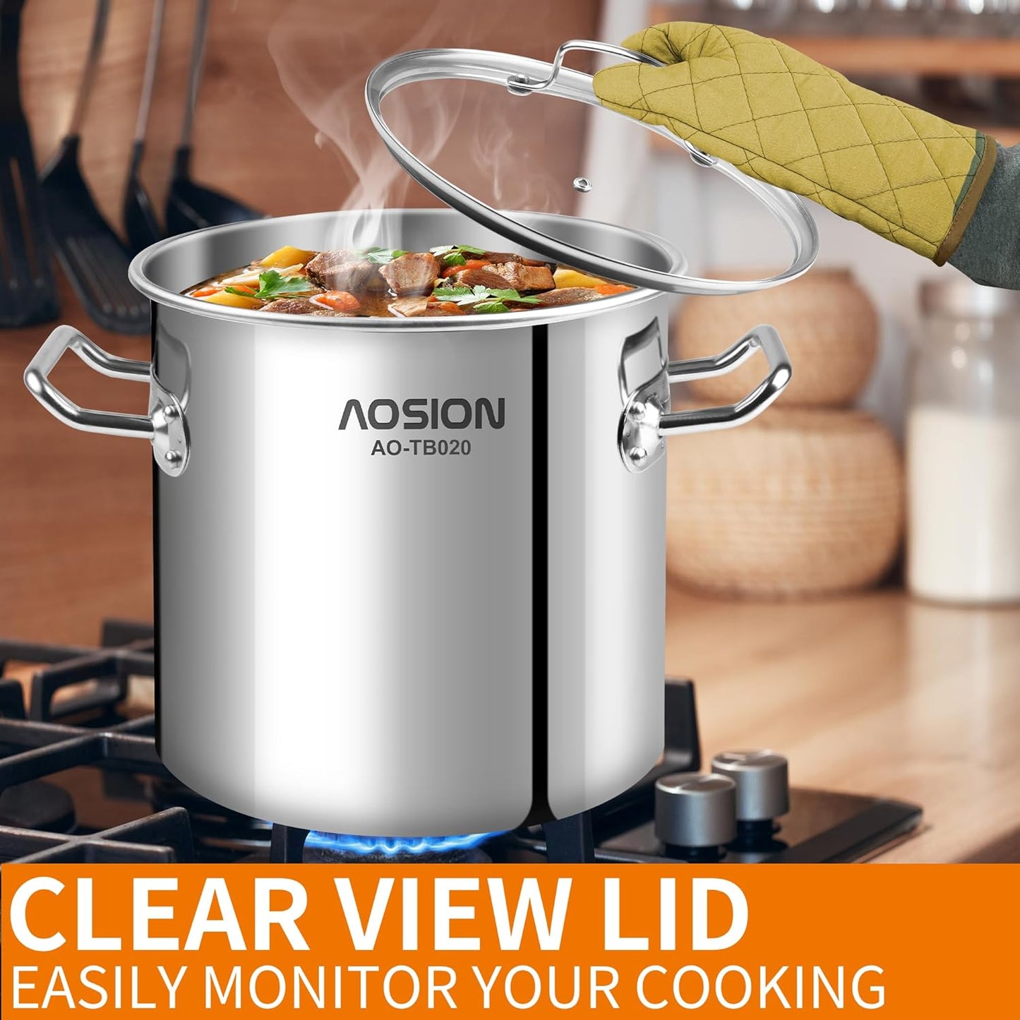 AOSION 20 Quart Stainless Steel Stock Pot With Lid,Large Induction Soup Pot with Steam Rack & Canning Jar Lifter,Healthy Polished Tamale Steamer Pot for Seafood Crab,Pasta Dishwasher & Oven Safe.