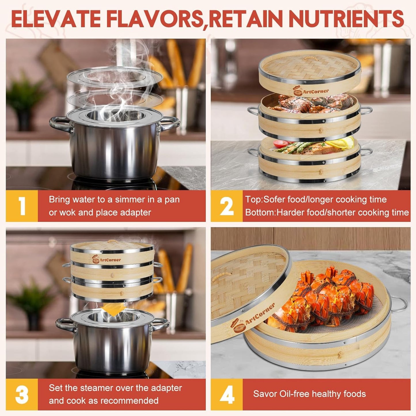 2-Tier Bamboo Steamer Basket Set 10 Inch with Reinforcement & Handle