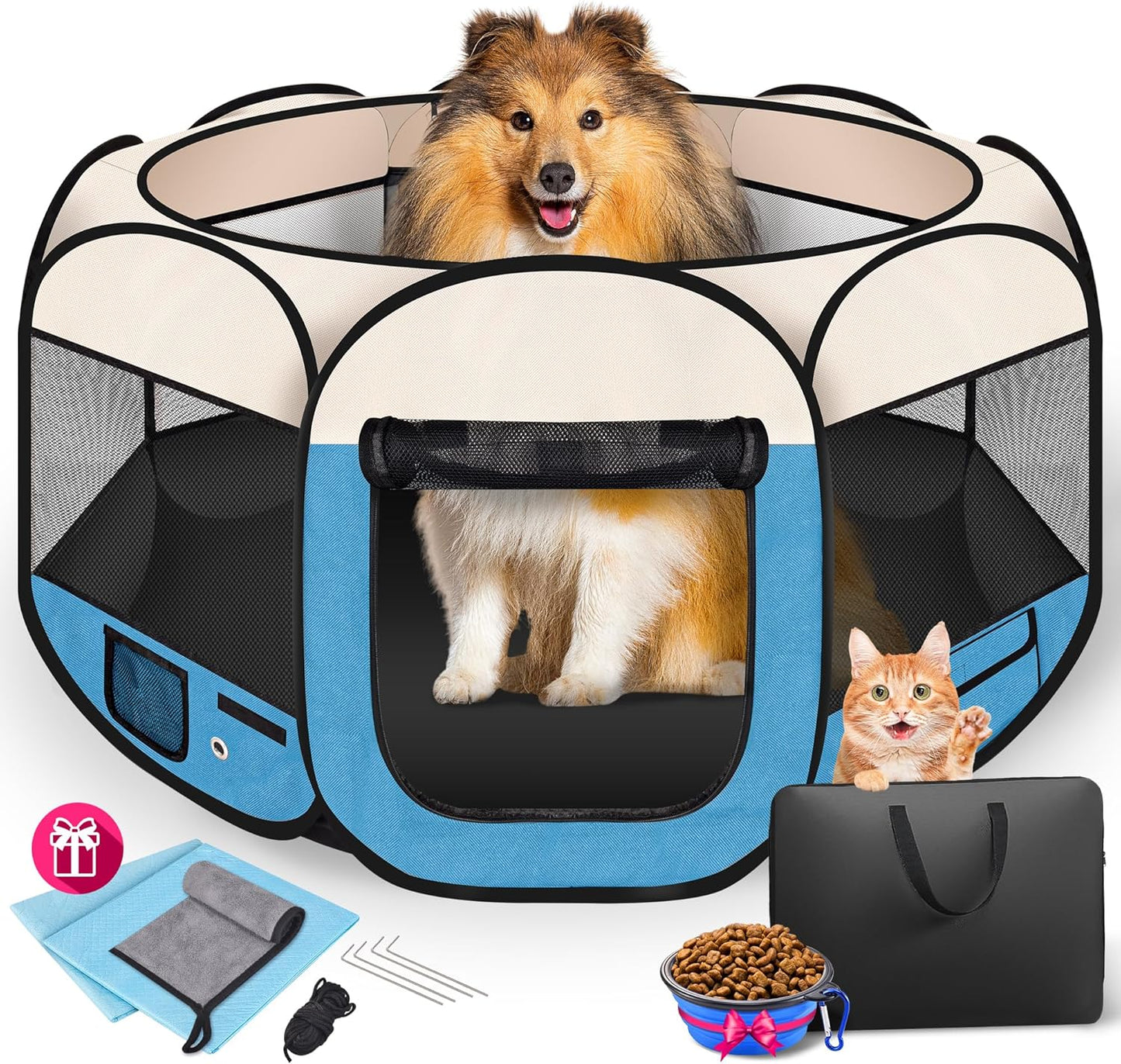 45" Foldable Pet Playpen for Large Dogs, HOMAGICO Pet Playpen for Indoor Cats Enclosed, Portable Dog Playpen Outdoor Tent Crate with Carrying Case, Water-Resistant and Removable Shade Cover