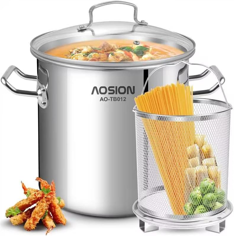 AOSlON 12 Quart Stock Pot with Lid, Stainless Steel Cooking Pot, Large Tamale Soup Pot, Pasta pot with Deep Fryer & Steam Rack for Seafood, Pasta, Dishwasher & Oven Safe