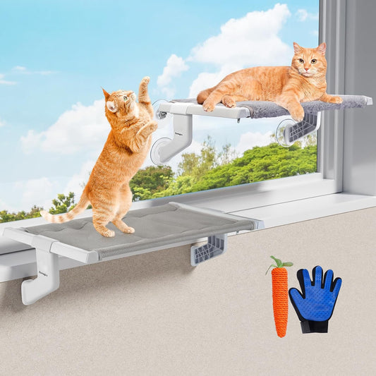 2 in 1 Cat Window Perch,Cat Hammock with Metal Sliding Clamping Adjustment,Removable Two Fabrics Cover,4 Suction Cups,Window Beds for Indoor Cat(26"x13")
