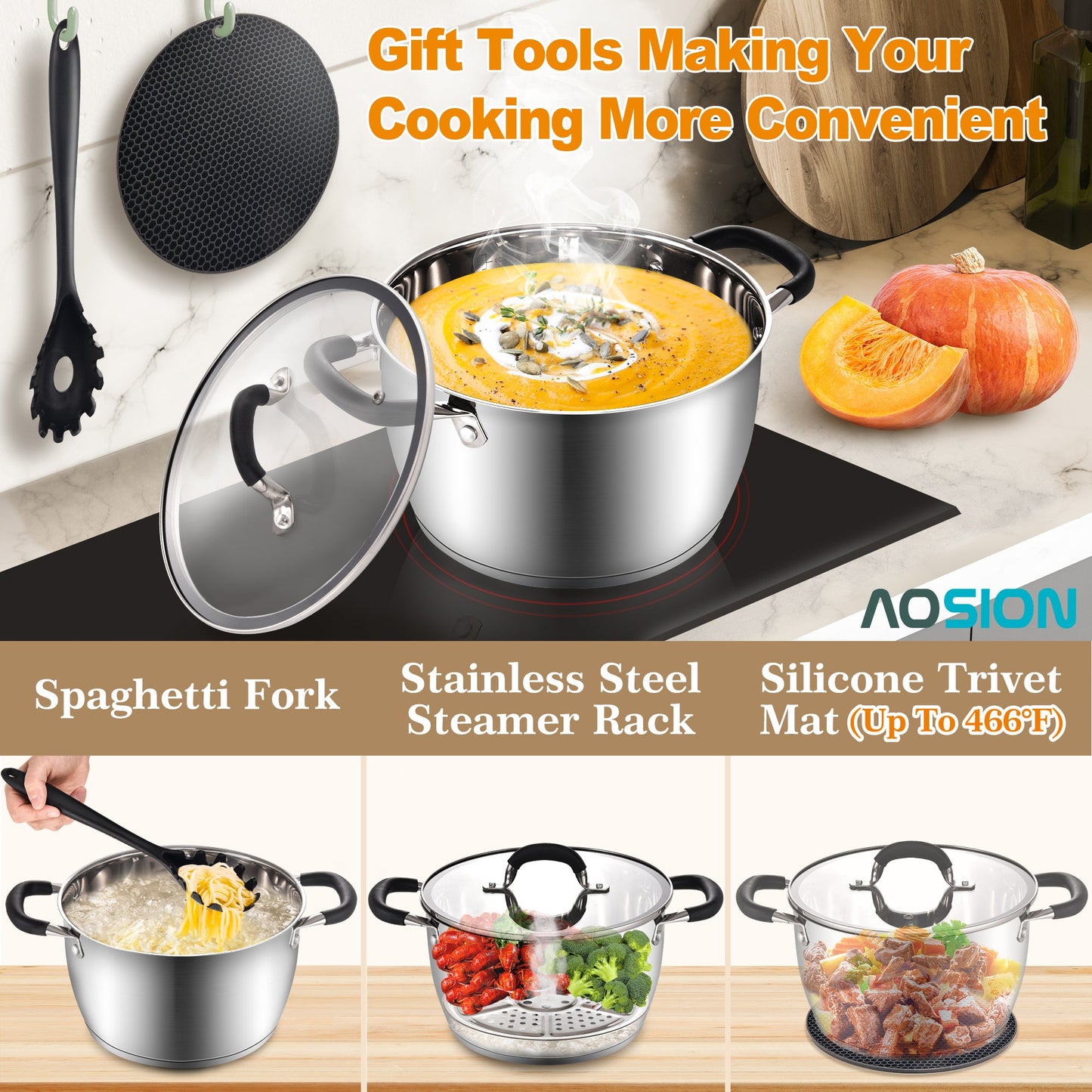 AOSION 6 Quart Pot, Stainless Steel Stock Pot with Glass Lid