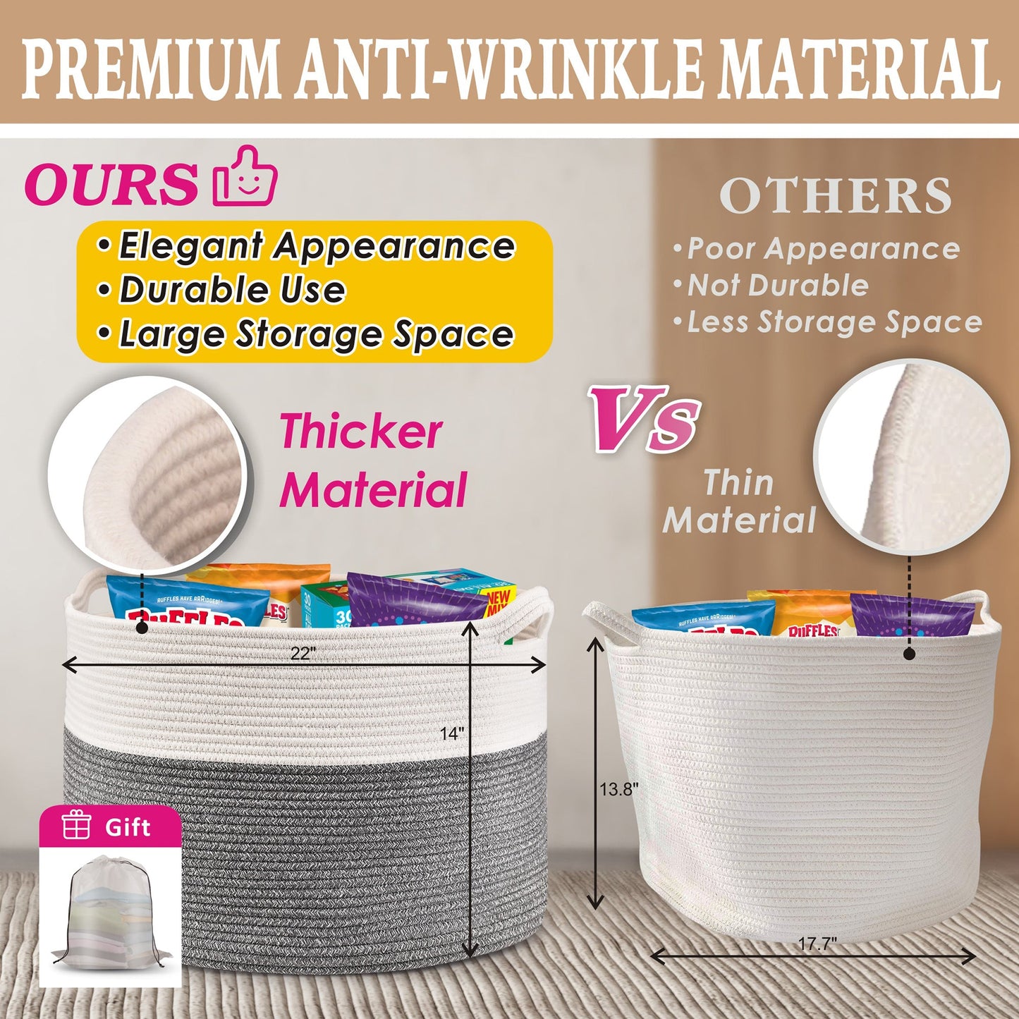 AOSION Blanket Basket, Rope Basket for Bathroom Bedroom