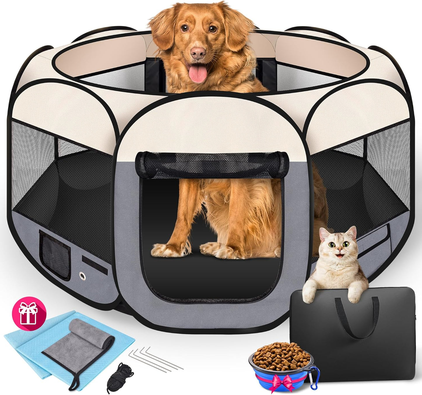 45" Foldable Pet Playpen for Large Dogs, HOMAGICO Pet Playpen for Indoor Cats Enclosed, Portable Dog Playpen Outdoor Tent Crate with Carrying Case, Water-Resistant and Removable Shade Cover
