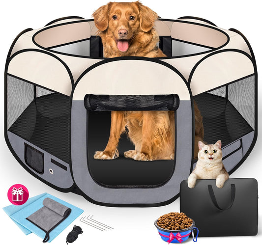 45" Foldable Pet Playpen for Large Dogs, HOMAGICO Pet Playpen for Indoor Cats Enclosed, Portable Dog Playpen Outdoor Tent Crate with Carrying Case, Water-Resistant and Removable Shade Cover