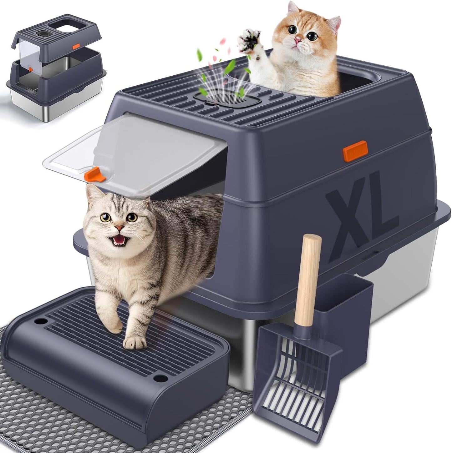 Stainless Steel Litter Box with Lid, Cat Litter Box Enclosure XL Odor-Proof with Litter Mat, Covered Litter Box Rust-Resistant Durable for Big Cat, Easy Clean 37L Capacity