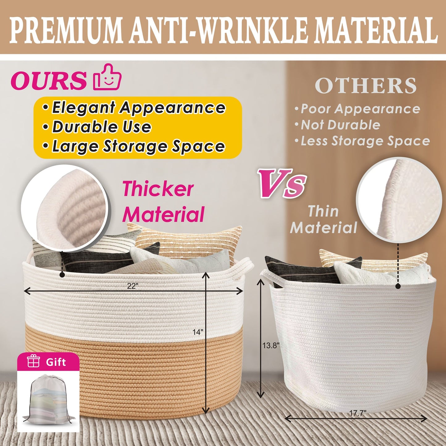 AOSION Blanket Basket, Rope Basket for Bathroom Bedroom