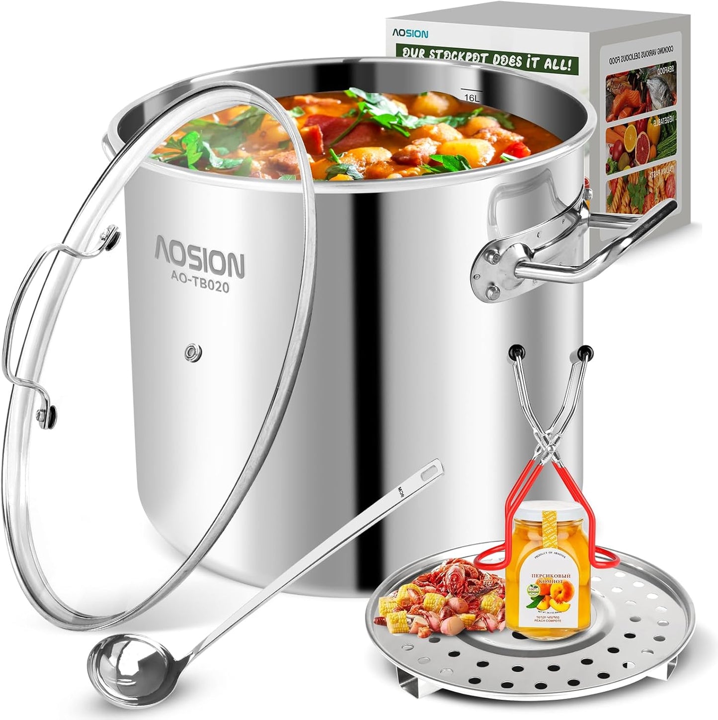 AOSION 20 Quart Stainless Steel Stock Pot With Lid,Large Induction Soup Pot with Steam Rack & Canning Jar Lifter,Healthy Polished Tamale Steamer Pot for Seafood Crab,Pasta Dishwasher & Oven Safe.