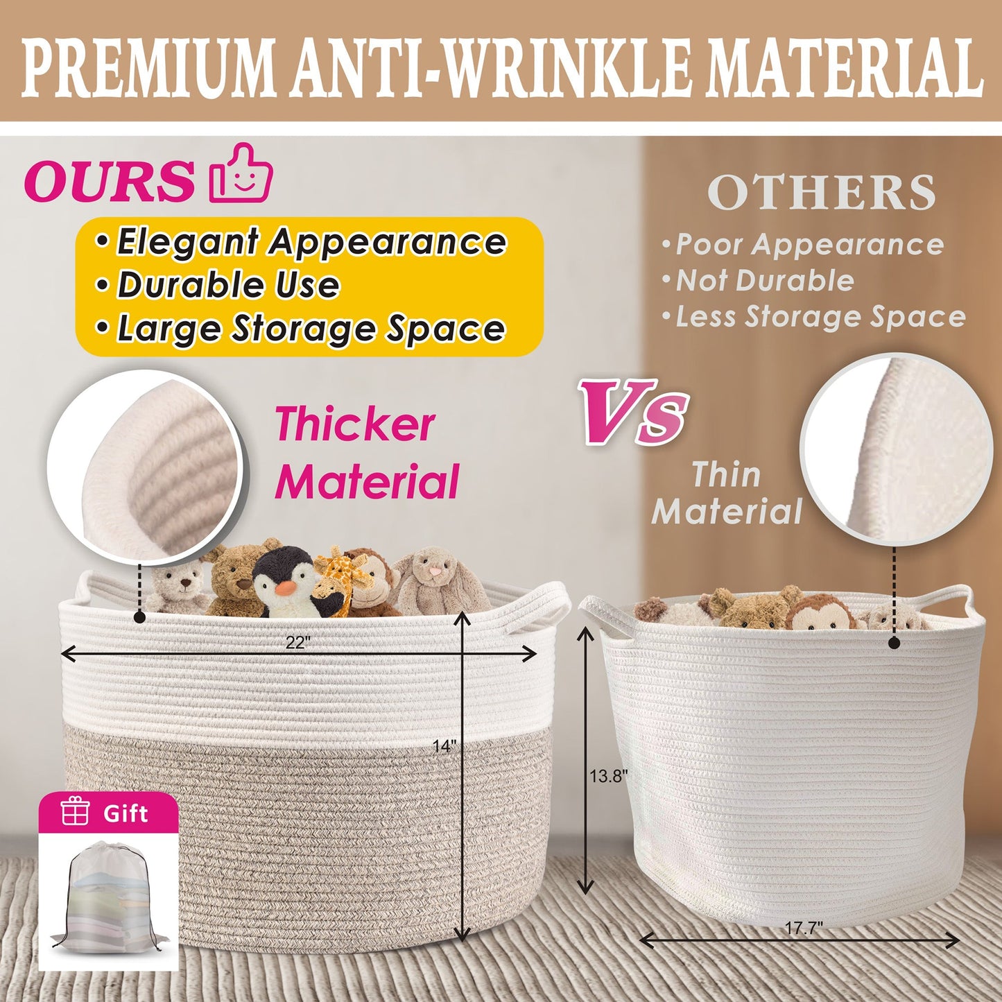 AOSION Blanket Basket, Rope Basket for Bathroom Bedroom