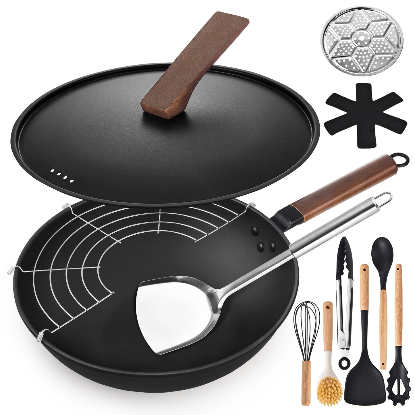 AOSION Carbon Steel Pan,Flat Bottom Wok