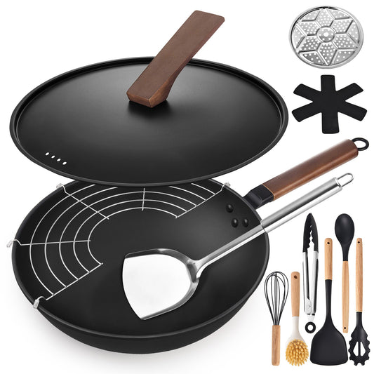 AOSION Carbon Steel Pan,Flat Bottom Wok