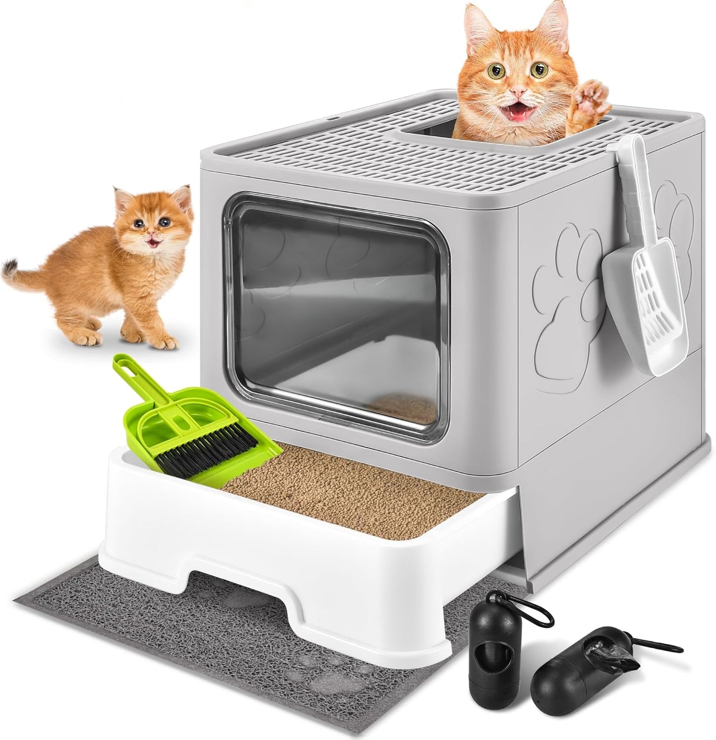 Cat Litter Box with Litter Mat, Foldable Extra Large Free in and Out/One-Way with Lid, Drawer Type Enclosed Kitty Litter Box,Odor Control Anti-Splashing Easy Cleaning