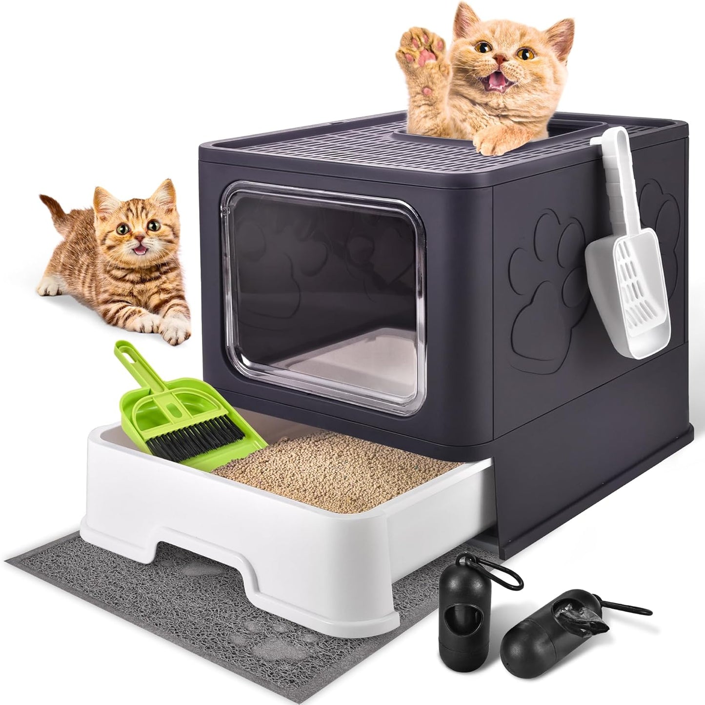 Cat Litter Box with Litter Mat, Foldable Extra Large Free in and Out/One-Way with Lid, Drawer Type Enclosed Kitty Litter Box,Odor Control Anti-Splashing Easy Cleaning