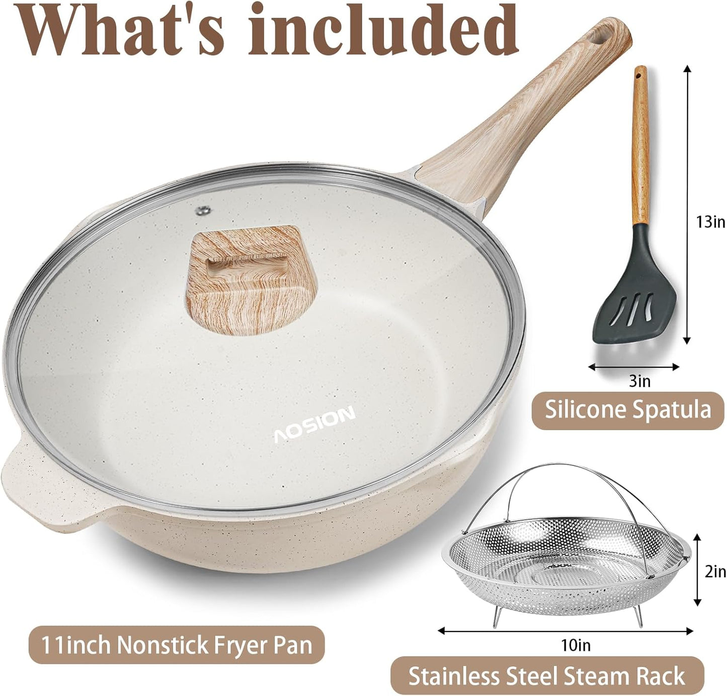 AOSION 11 Inch Nonstick Ceramic Deep Frying Pan Skille with Lid,5QT Sauté Pan for Cooking with Steam Rack,Healthy Large Skillet,Stay Cool Handle, Induction Compatible, PFOA & PFAS Free