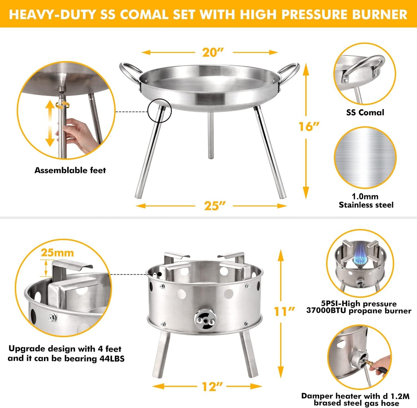 AOSION Heavy Duty 21" Stainless Steel Single Burner Propane Stove with Comal Set,37,000 BTU High-Pressure Outdoor Propane Burner Cooker,Discada Disc Cooker,Great for backyard and outdoor cooking