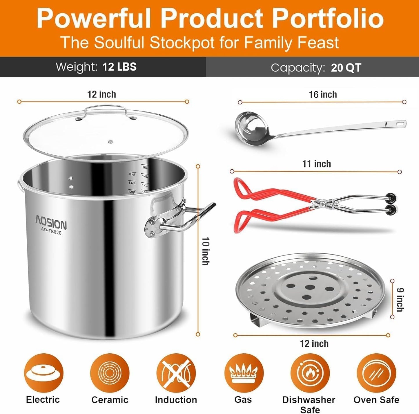AOSION 20 Quart Stainless Steel Stock Pot With Lid,Large Induction Soup Pot with Steam Rack & Canning Jar Lifter,Healthy Polished Tamale Steamer Pot for Seafood Crab,Pasta Dishwasher & Oven Safe.