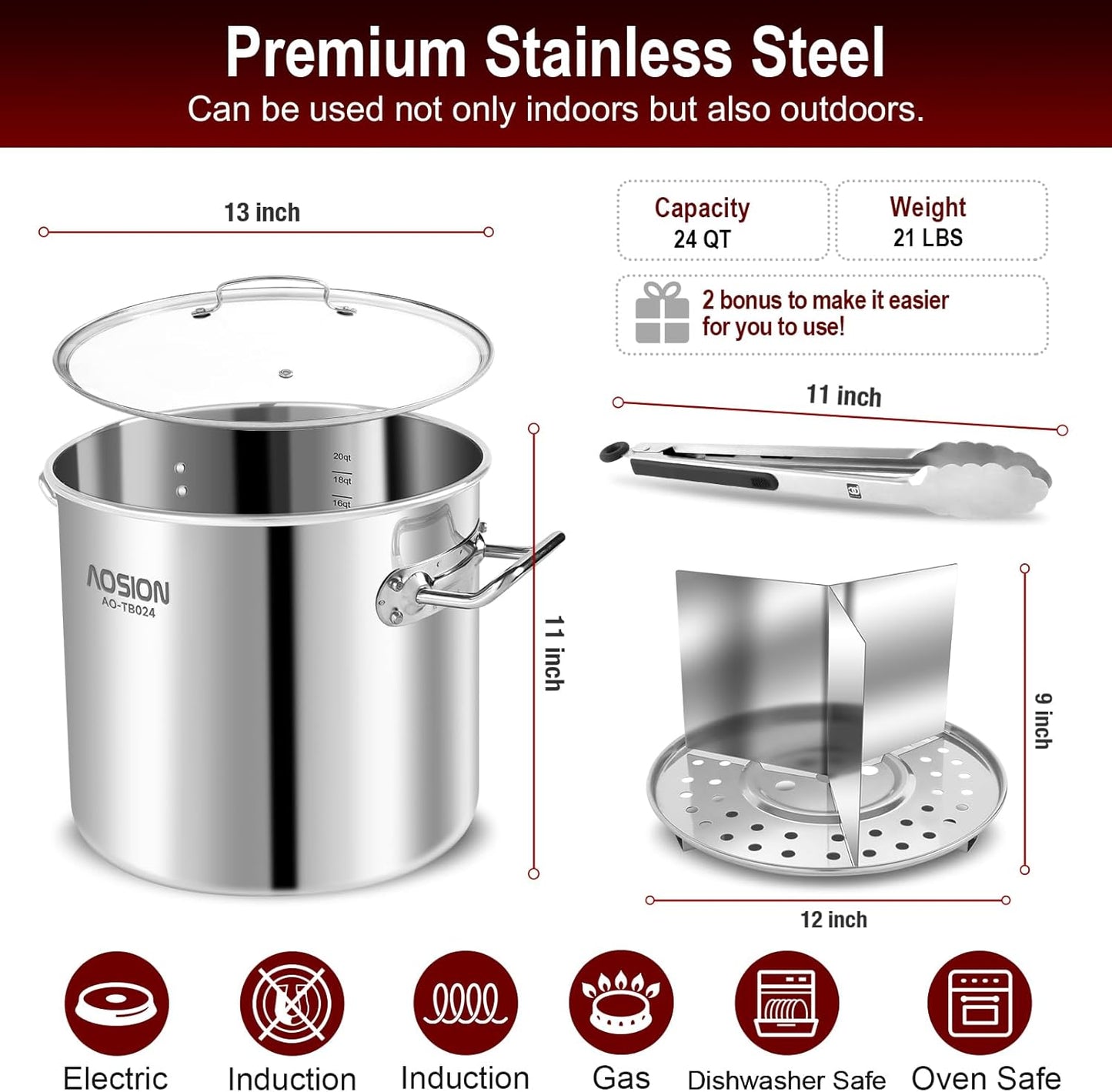 AOSION 24 Quart Stainless Steel Stock Pot With Lid, 3-IN-1 Heavy Duty Tamale Steamer Pot with Visible Lid for Pasta, Soup,Large Pot for Cooking with Steam Rack,Dishwasher & Oven Safe.