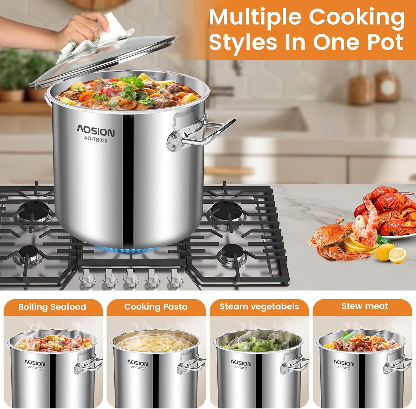 AOSION 20 Quart Stainless Steel Stock Pot With Lid,Large Induction Soup Pot with Steam Rack & Canning Jar Lifter,Healthy Polished Tamale Steamer Pot for Seafood Crab,Pasta Dishwasher & Oven Safe.