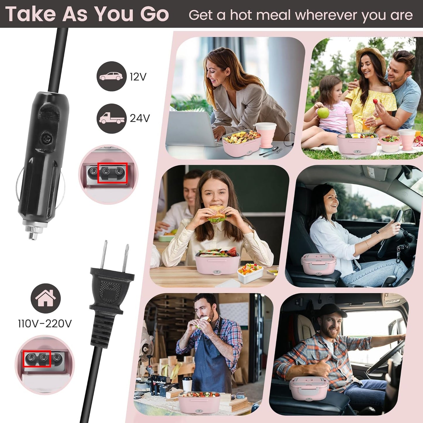 AOSION Electric Lunch Box for Adults, Heated Lunch Box 3-IN-1 80W Self Portable Food Warmer for Car/Truck/Office, Upgraded Lunch Box Leak-Proof Stainless Steel Container, Gifts for Women