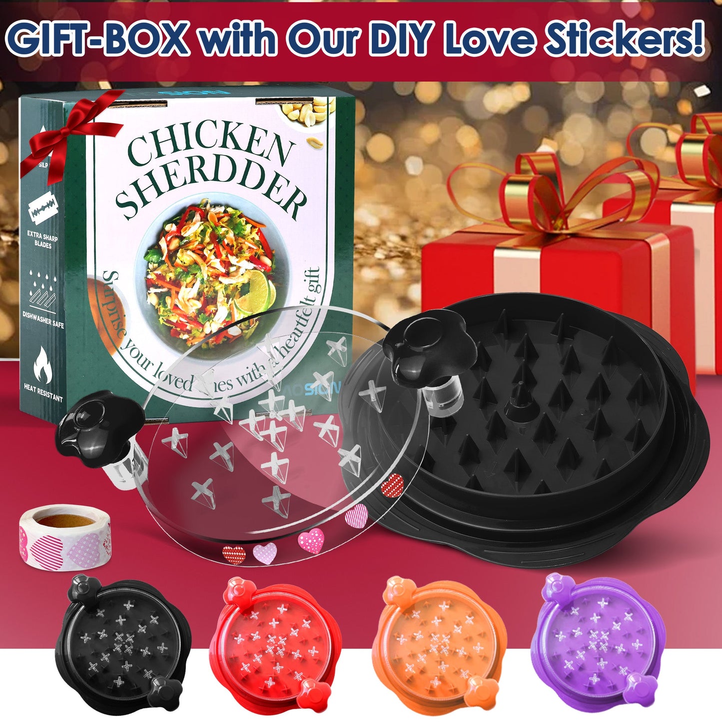 10.8'' Chicken Shredder Tool Twist Large, AOSION Meat Shredder, Chicken Shredder Visible, Desmenuzador De Pollo Ergonomic Handle, Includes Brush, Food Holder, DIY Sticker