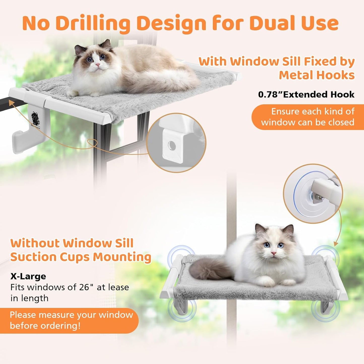 2 in 1 Cat Window Perch,Cat Hammock with Metal Sliding Clamping Adjustment,Removable Two Fabrics Cover,4 Suction Cups,Window Beds for Indoor Cat(26"x13")