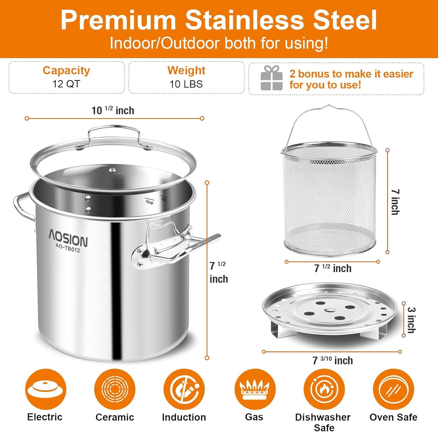AOSlON 12 Quart Stock Pot with Lid, Stainless Steel Cooking Pot, Large Tamale Soup Pot, Pasta pot with Deep Fryer & Steam Rack for Seafood, Pasta, Dishwasher & Oven Safe