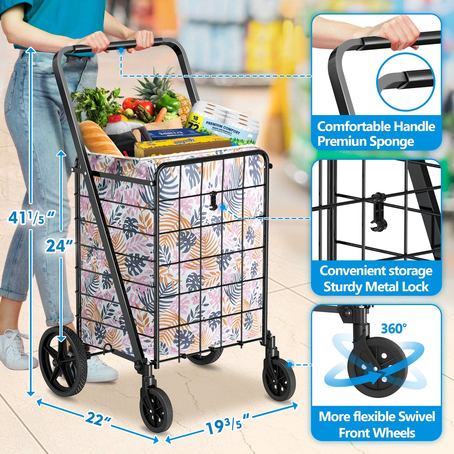 AOSION Grocery Cart With Wheelsr,Rolling Shopping Cart