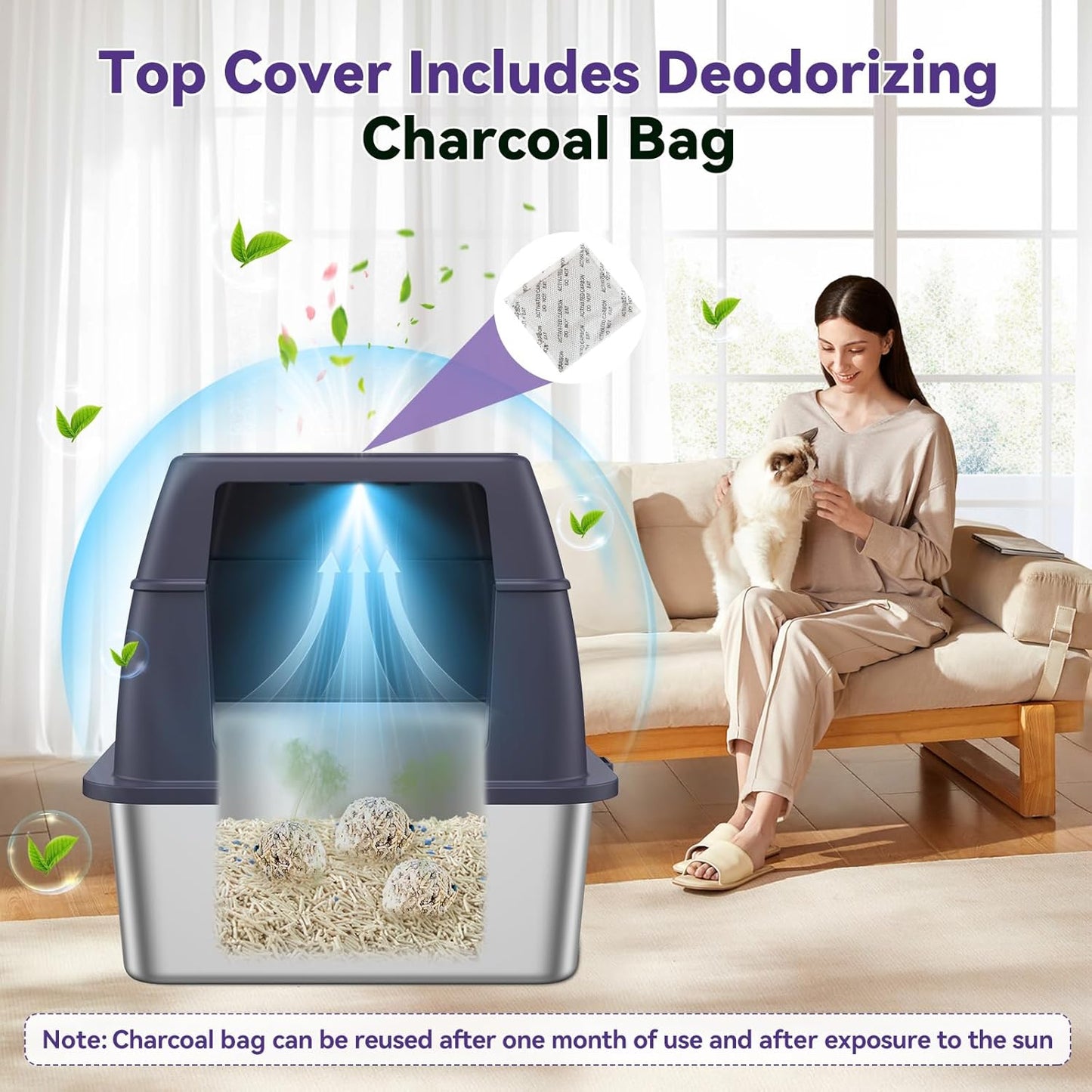 Stainless Steel Litter Box with Lid, Cat Litter Box Enclosure XL Odor-Proof with Litter Mat, Covered Litter Box Rust-Resistant Durable for Big Cat, Easy Clean 37L Capacity