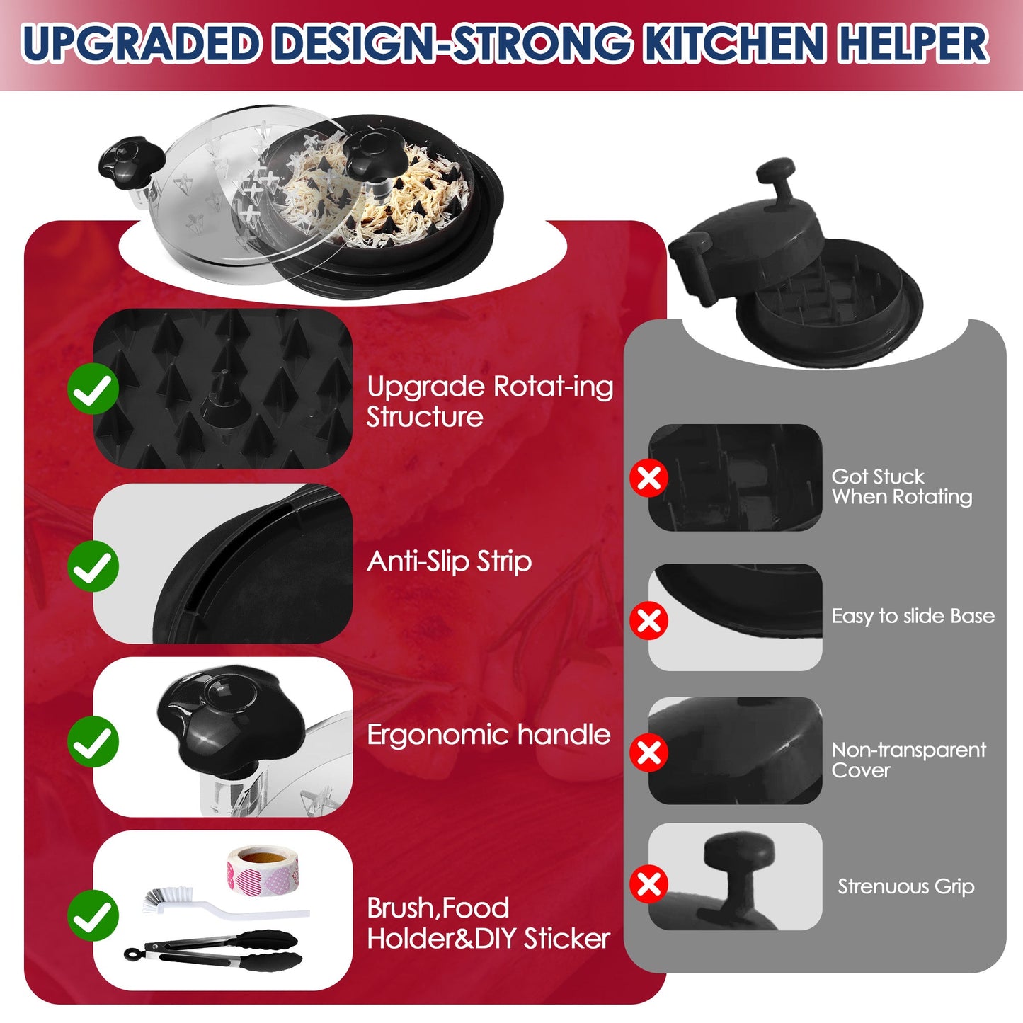 10.8'' Chicken Shredder Tool Twist Large, AOSION Meat Shredder, Chicken Shredder Visible, Desmenuzador De Pollo Ergonomic Handle, Includes Brush, Food Holder, DIY Sticker