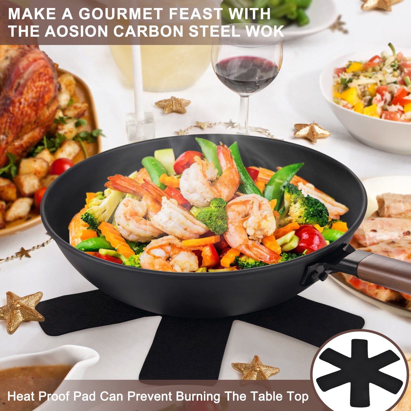 AOSION Carbon Steel Pan,Flat Bottom Wok