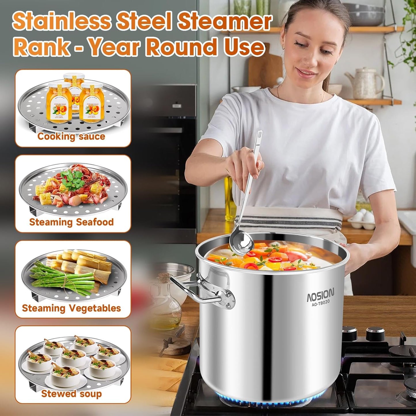 AOSION 20 Quart Stainless Steel Stock Pot With Lid,Large Induction Soup Pot with Steam Rack & Canning Jar Lifter,Healthy Polished Tamale Steamer Pot for Seafood Crab,Pasta Dishwasher & Oven Safe.