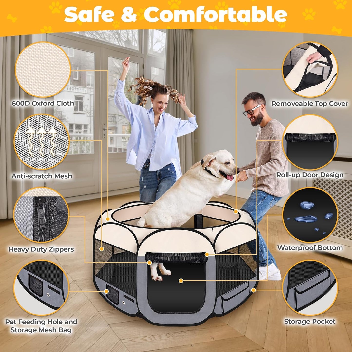 45" Foldable Pet Playpen for Large Dogs, HOMAGICO Pet Playpen for Indoor Cats Enclosed, Portable Dog Playpen Outdoor Tent Crate with Carrying Case, Water-Resistant and Removable Shade Cover