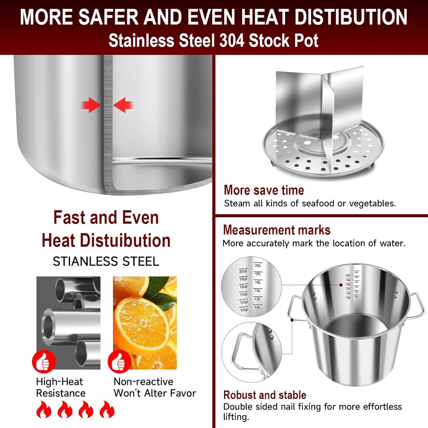 AOSION 24 Quart Stainless Steel Stock Pot With Lid, 3-IN-1 Heavy Duty Tamale Steamer Pot with Visible Lid for Pasta, Soup,Large Pot for Cooking with Steam Rack,Dishwasher & Oven Safe.