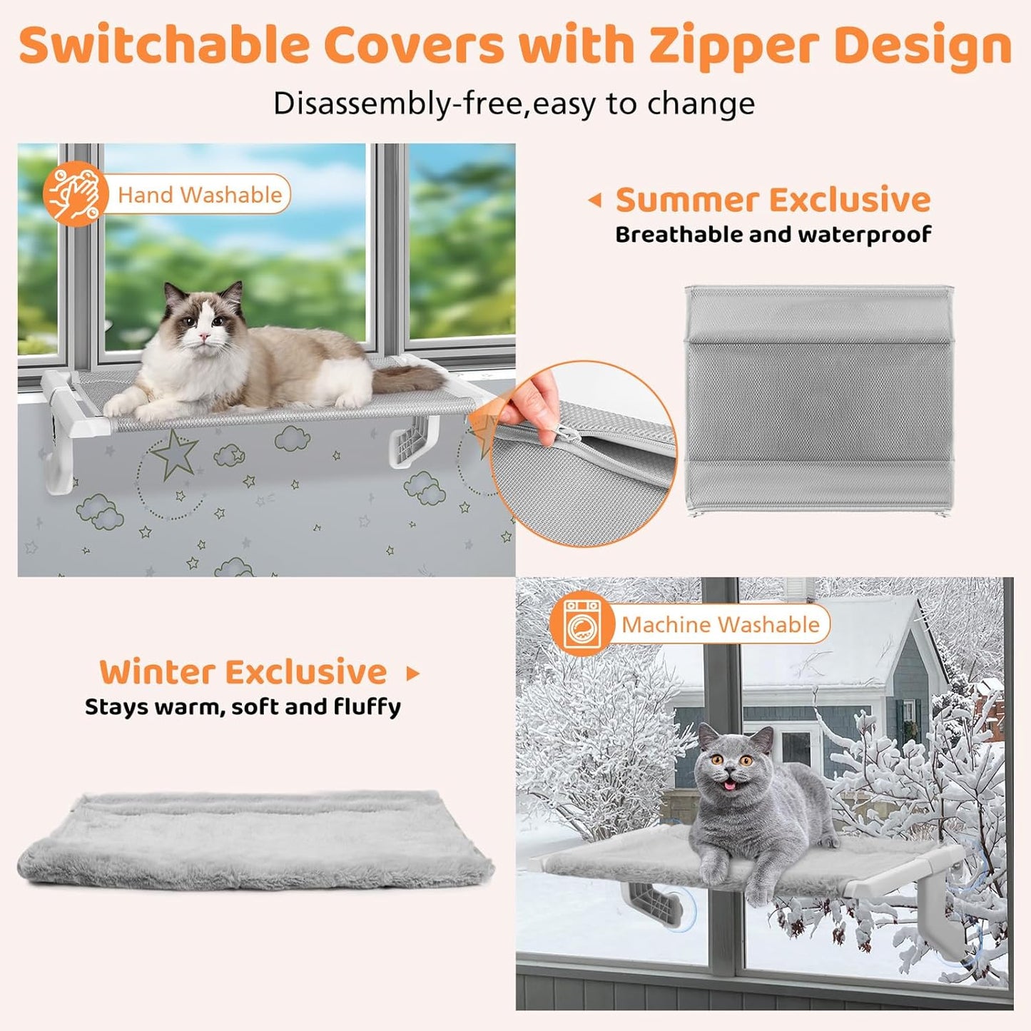 2 in 1 Cat Window Perch,Cat Hammock with Metal Sliding Clamping Adjustment,Removable Two Fabrics Cover,4 Suction Cups,Window Beds for Indoor Cat(26"x13")