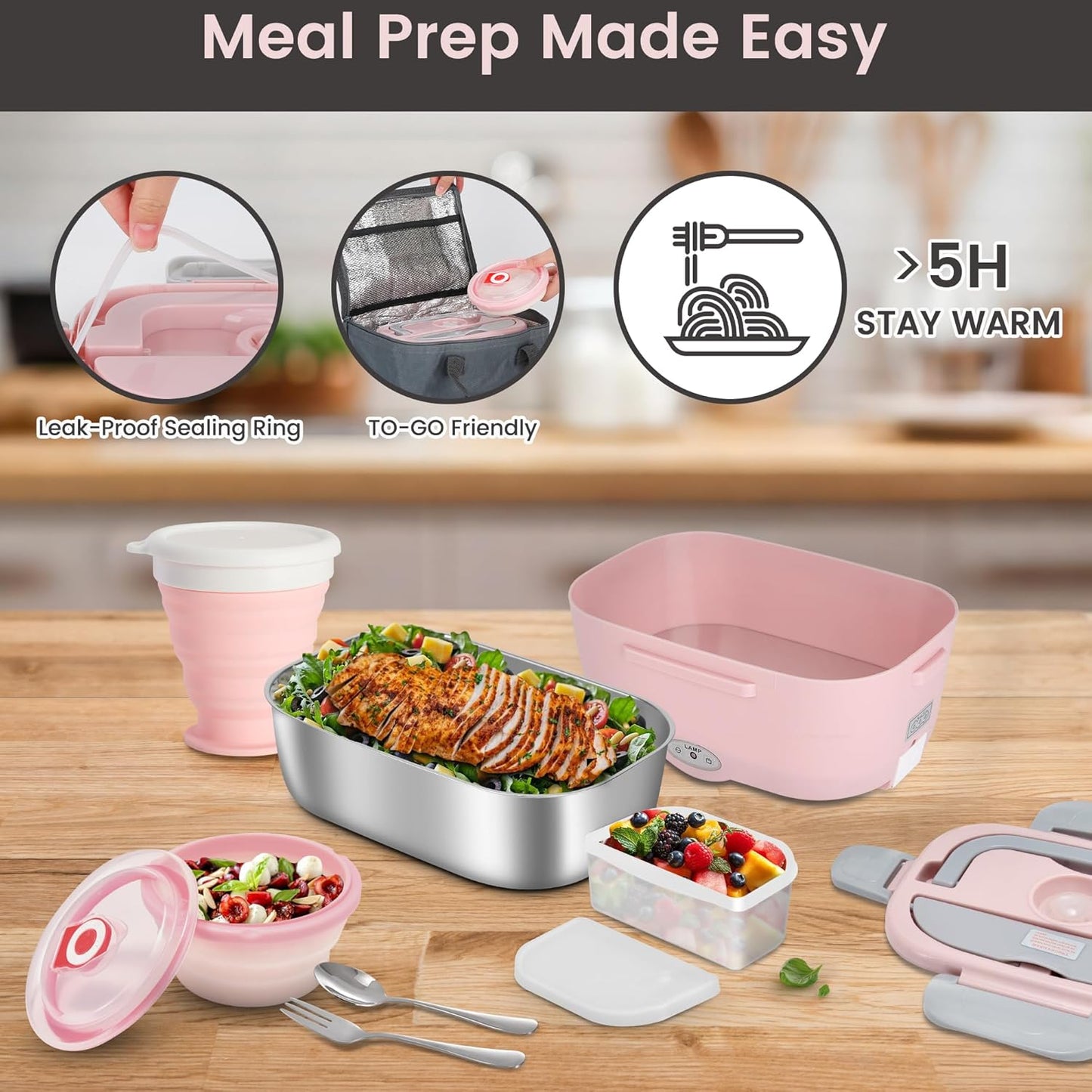 AOSION Electric Lunch Box for Adults, Heated Lunch Box 3-IN-1 80W Self Portable Food Warmer for Car/Truck/Office, Upgraded Lunch Box Leak-Proof Stainless Steel Container, Gifts for Women