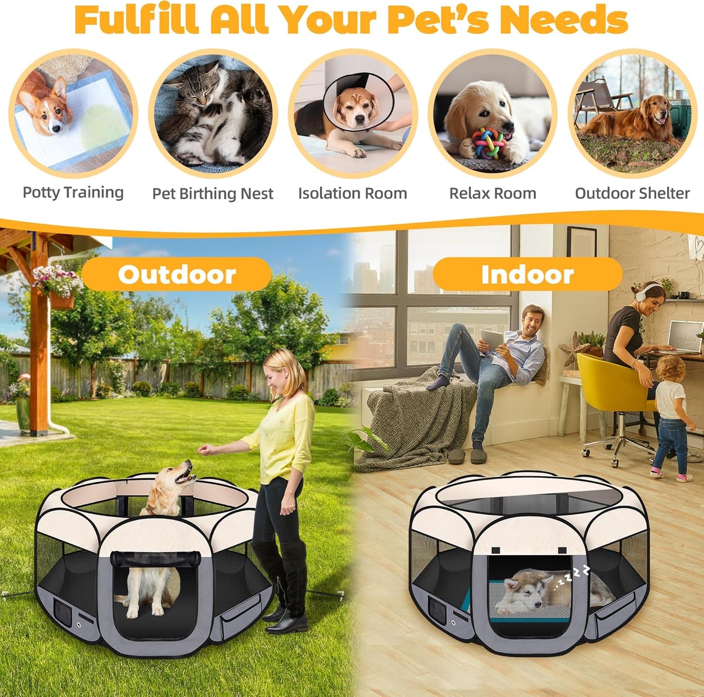 45" Foldable Pet Playpen for Large Dogs, HOMAGICO Pet Playpen for Indoor Cats Enclosed, Portable Dog Playpen Outdoor Tent Crate with Carrying Case, Water-Resistant and Removable Shade Cover