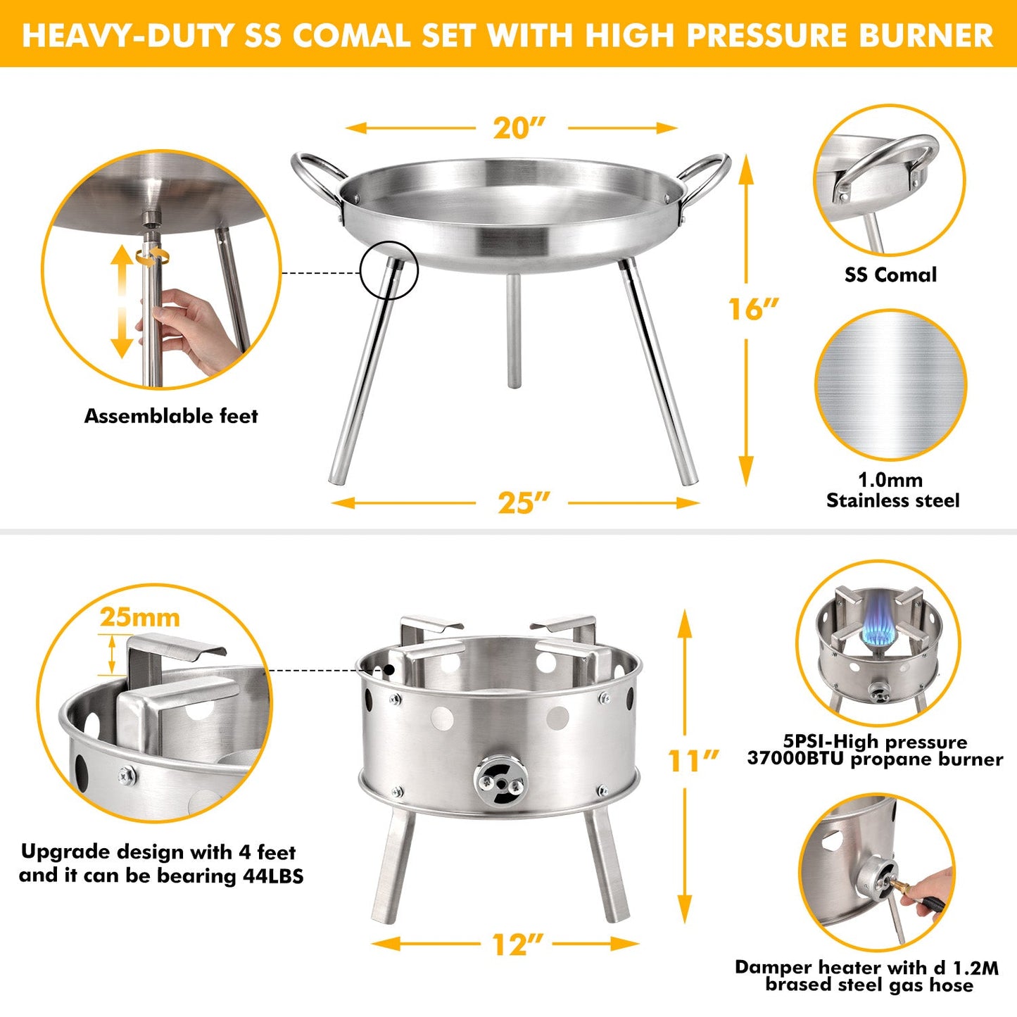 AOSION 21'' Stainless Steel Concave Comal with Propane Burner