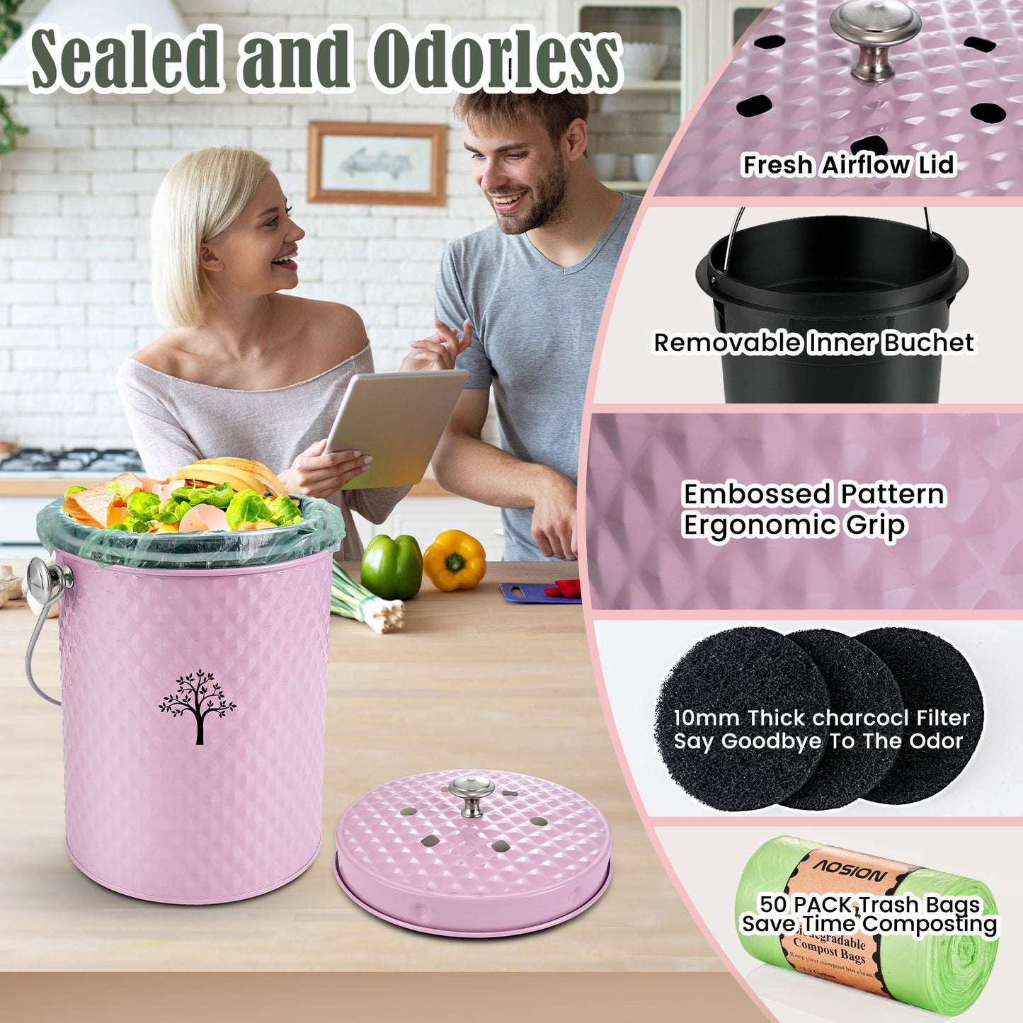 AOIOSN Countertop Compost Bin Kitchen，Odorless Indoor Compost Bin