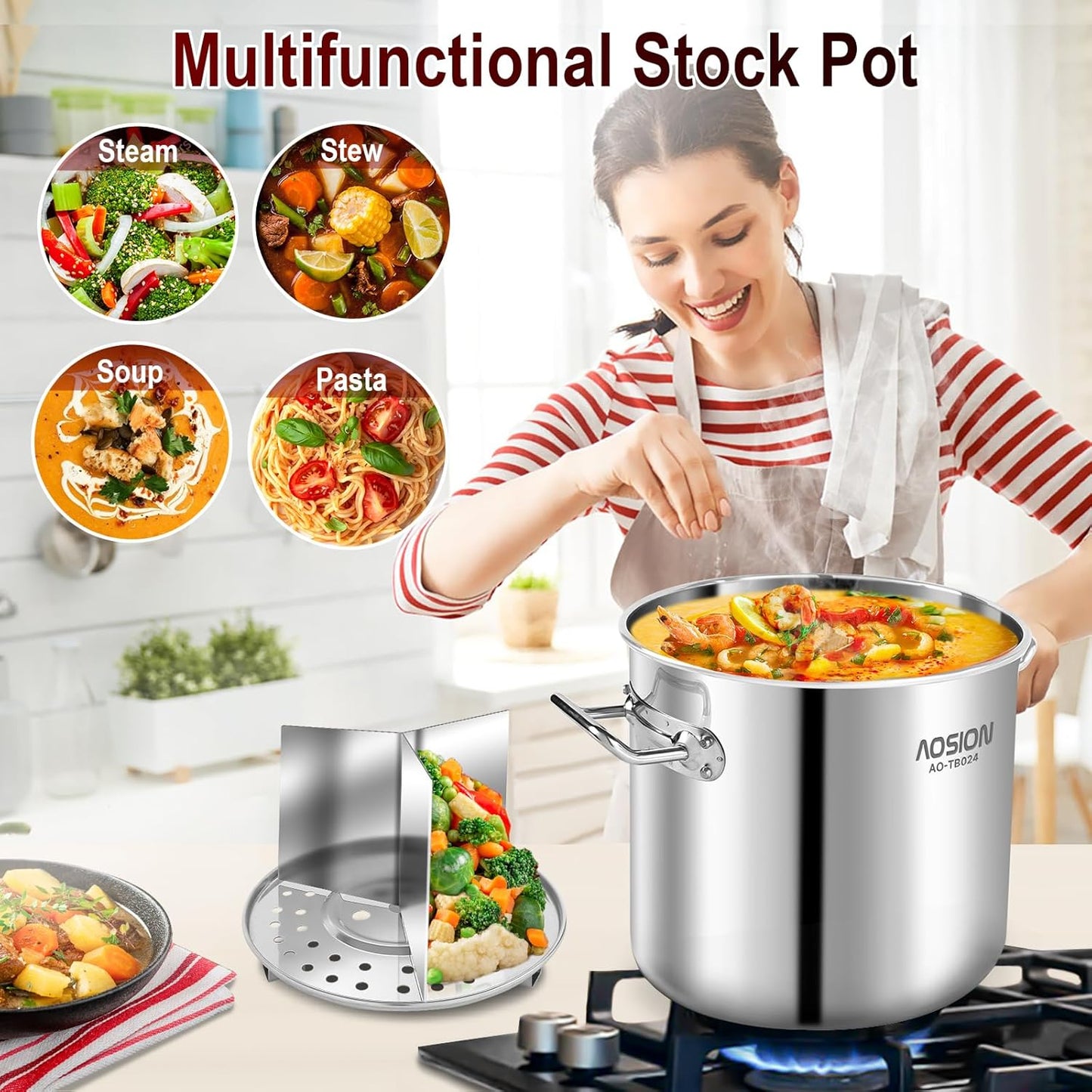 AOSION 24 Quart Stainless Steel Stock Pot With Lid, 3-IN-1 Heavy Duty Tamale Steamer Pot with Visible Lid for Pasta, Soup,Large Pot for Cooking with Steam Rack,Dishwasher & Oven Safe.