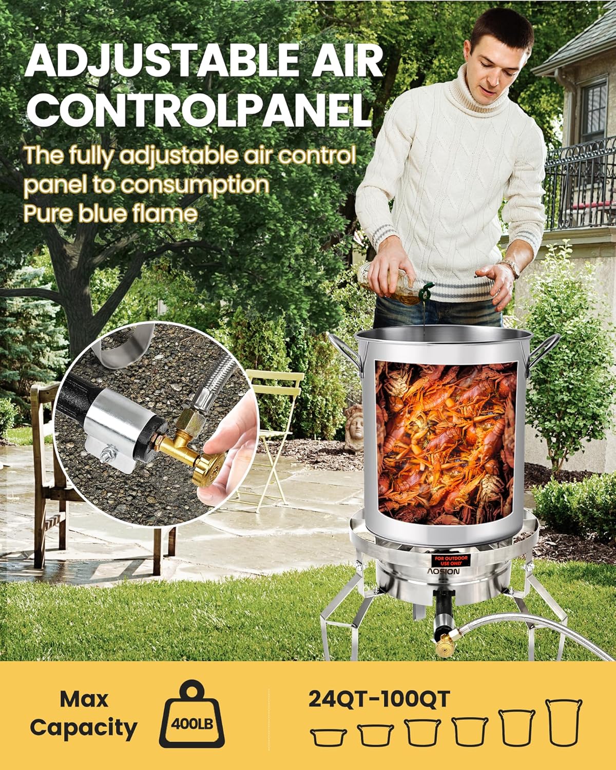 AOSION 200,000/BTU Stainless Steel Single Burner Propane Stove,Heavy Duty Outdoor Propane Burner Gas Stove Cooker,High-Pressure Outdoor Burner for Cooking for Turkey Fryer,Crawfish Boil,Home Brewing