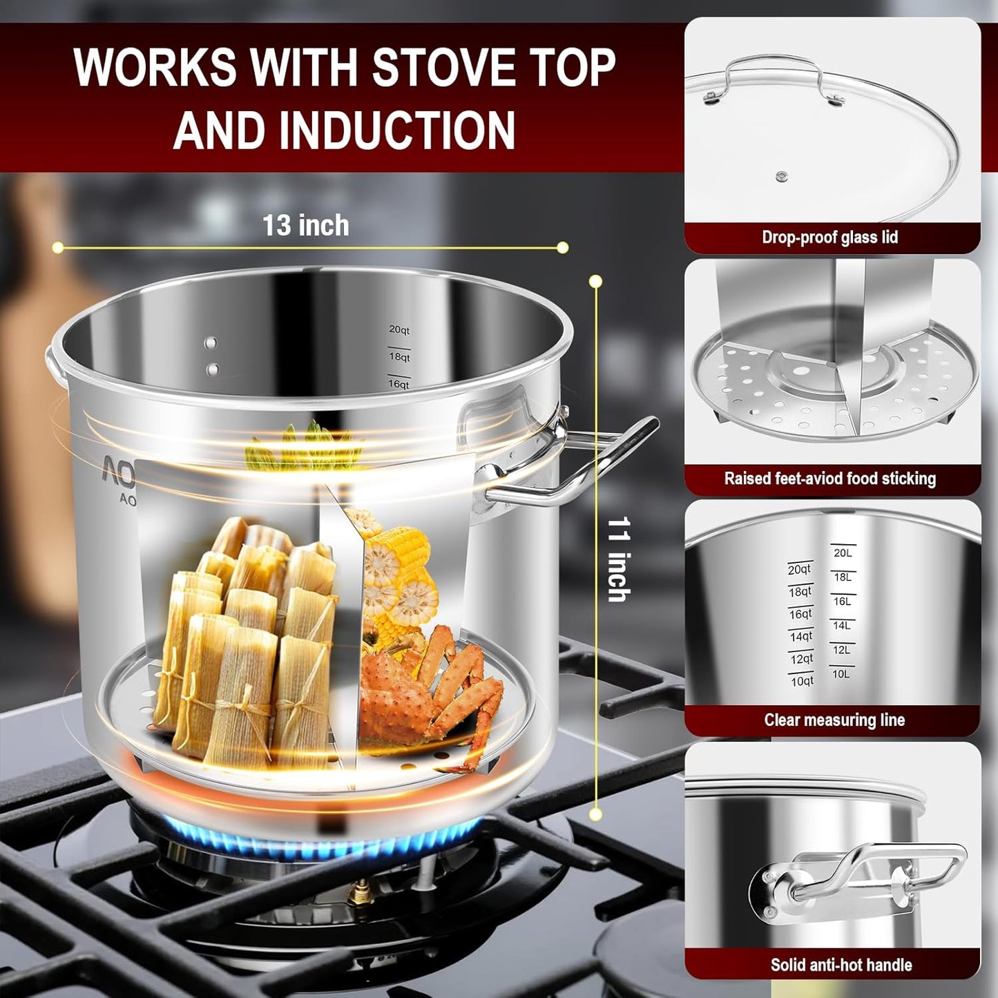 AOSION 24 Quart Stainless Steel Stock Pot With Lid, 3-IN-1 Heavy Duty Tamale Steamer Pot with Visible Lid for Pasta, Soup,Large Pot for Cooking with Steam Rack,Dishwasher & Oven Safe.