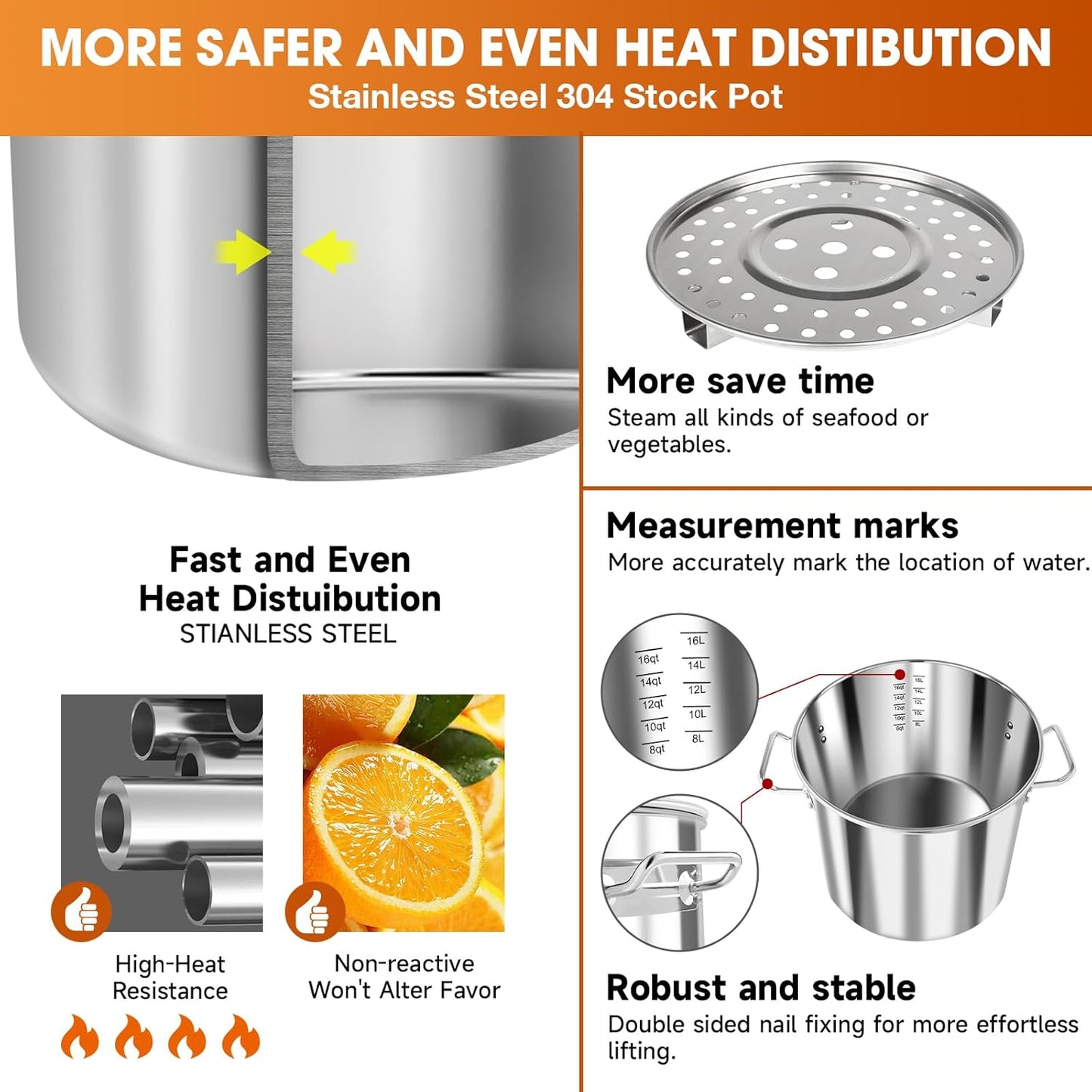 AOSION 20 Quart Stainless Steel Stock Pot With Lid,Large Induction Soup Pot with Steam Rack & Canning Jar Lifter,Healthy Polished Tamale Steamer Pot for Seafood Crab,Pasta Dishwasher & Oven Safe.