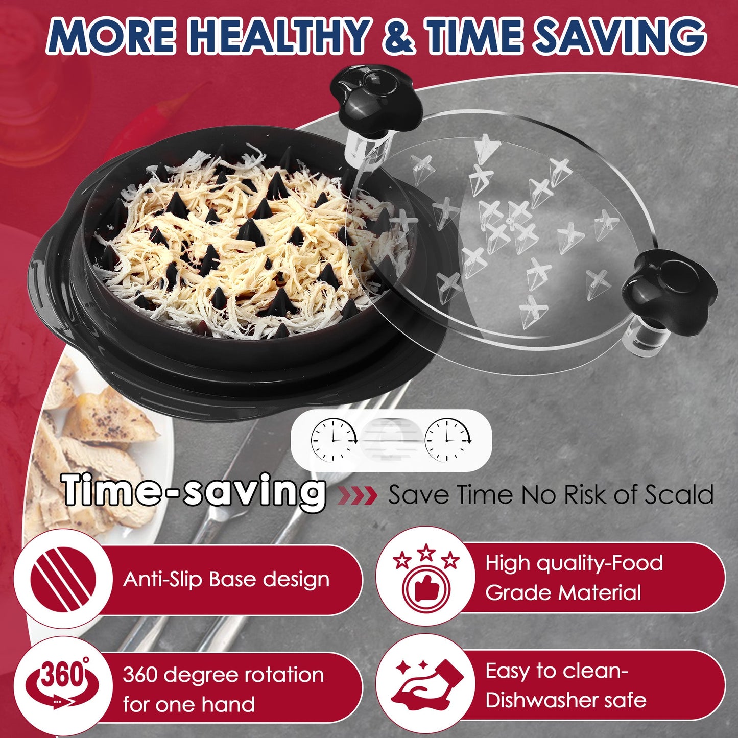 10.8'' Chicken Shredder Tool Twist Large, AOSION Meat Shredder, Chicken Shredder Visible, Desmenuzador De Pollo Ergonomic Handle, Includes Brush, Food Holder, DIY Sticker