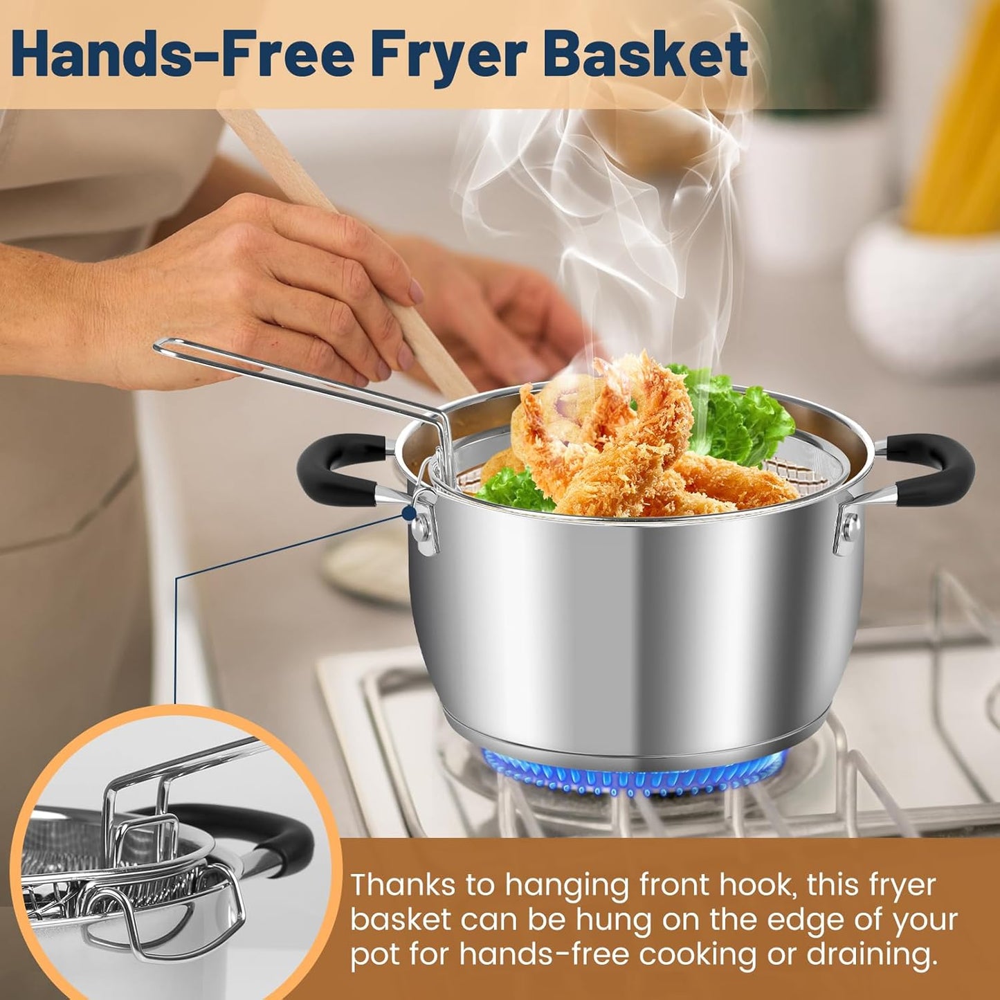 AOSION 6 Quart Stainless Steel Stock Pot with Lid,Deep Fryer Basket for Kitchen Colander Frying Cooking Steaming