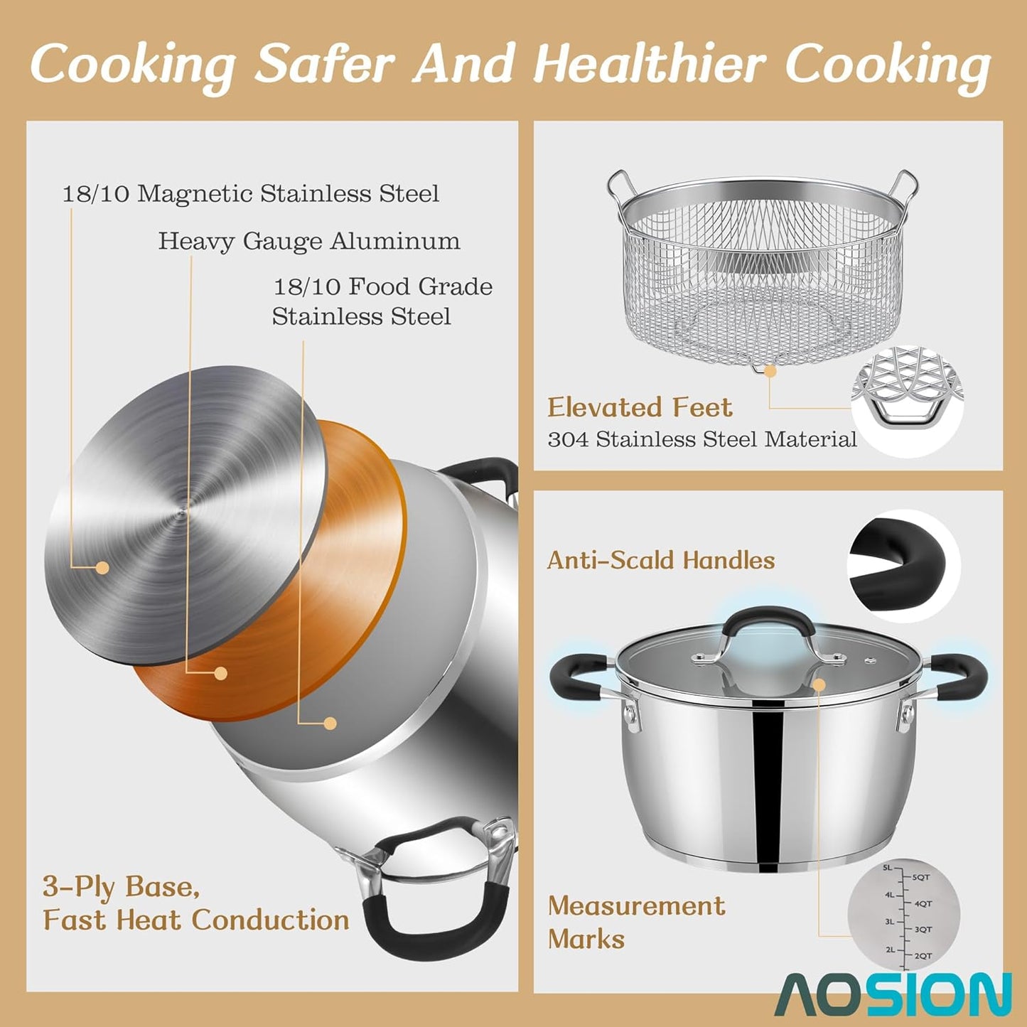 AOSION 6 Quart Stainless Steel Stockpot with Deep Fryer Basket, Stainless Steel Pot with Lid