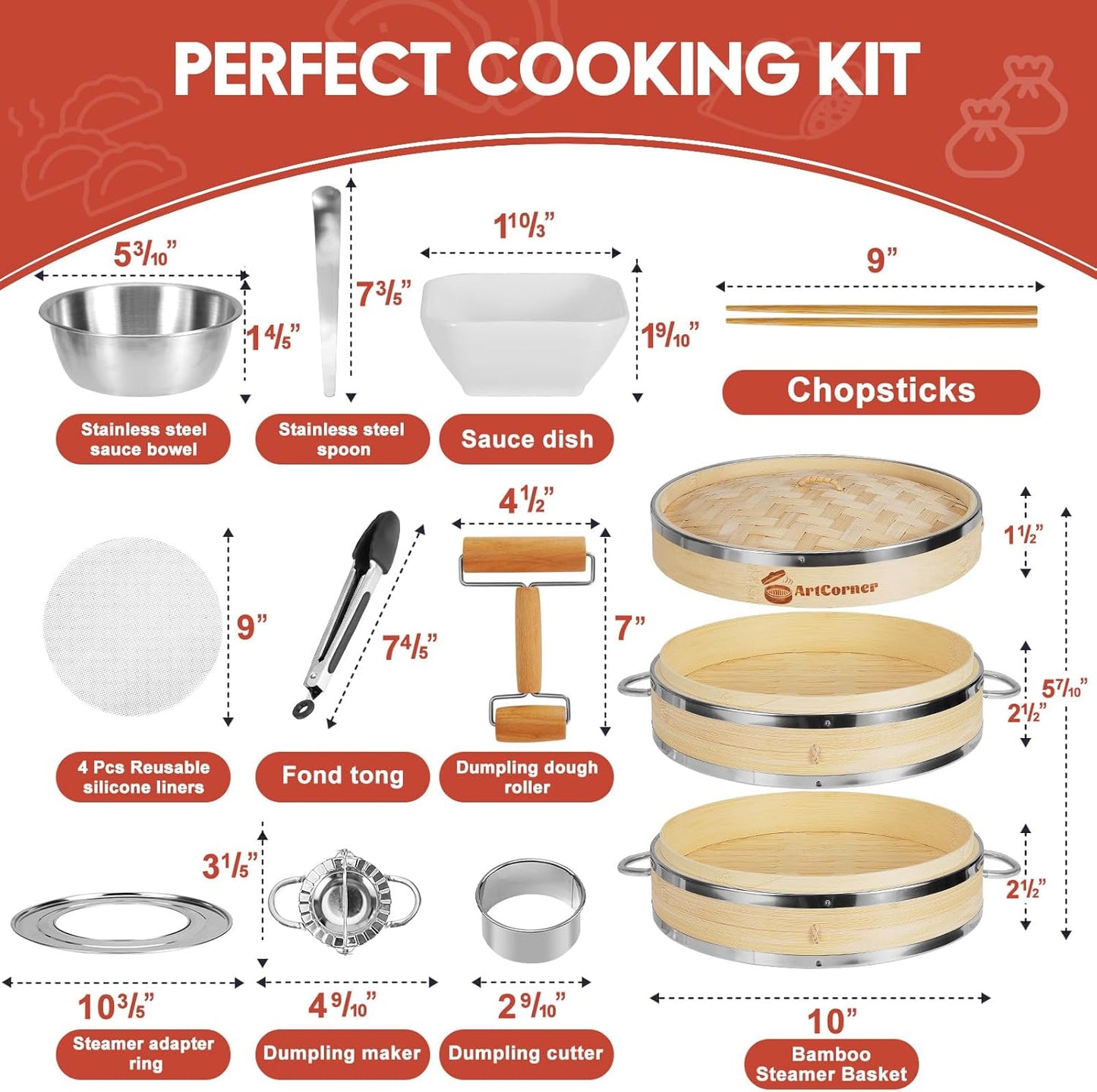 2-Tier Bamboo Steamer Basket Set 10 Inch with Reinforcement & Handle
