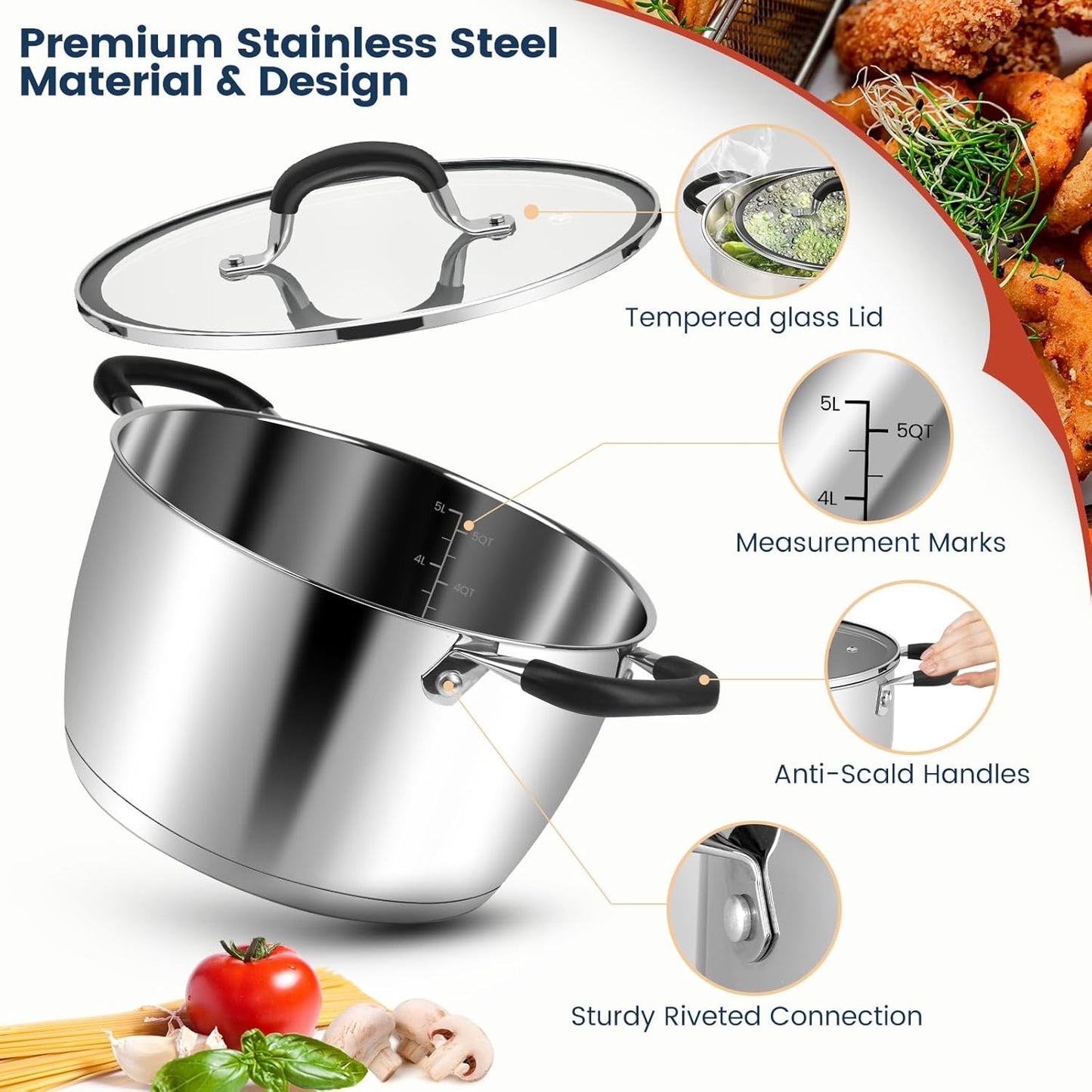 AOSION 6 Quart Stainless Steel Stock Pot with Lid,Deep Fryer Basket for Kitchen Colander Frying Cooking Steaming